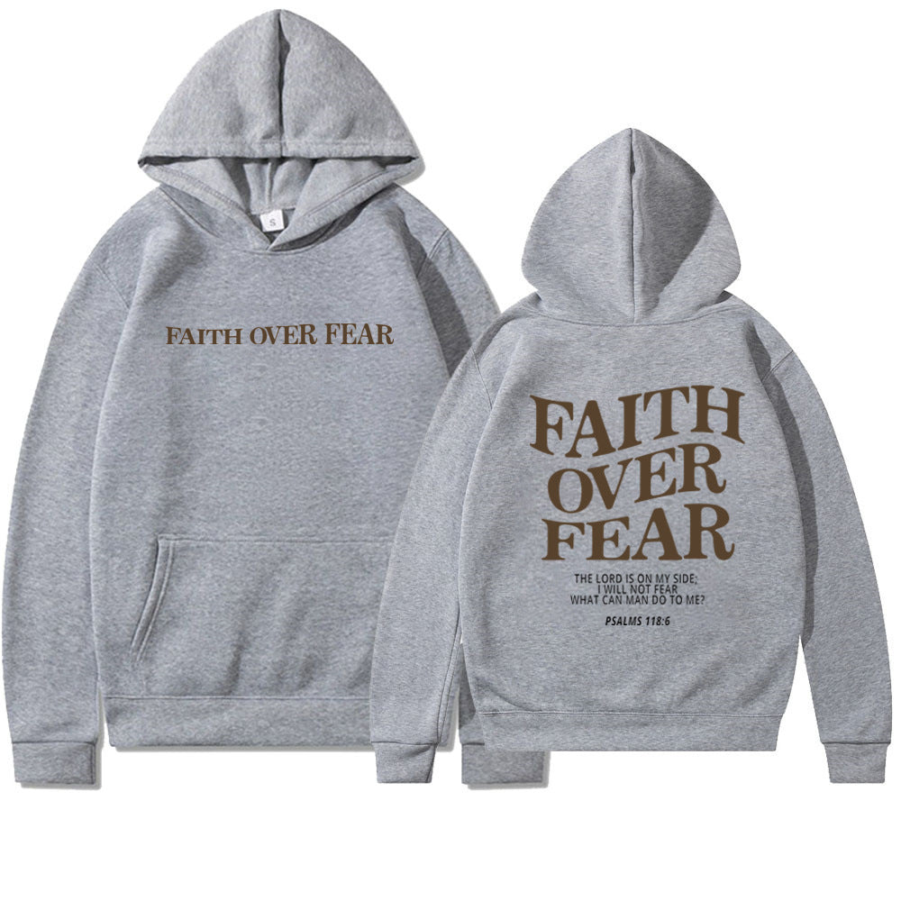 Two gray Faith Over Fear Christian Hoodies are displayed. The front reads FAITH OVER FEAR in brown, while the back features “THE LORD IS ON MY SIDE; WHAT CAN MAN DO TO ME? PSALMS 118:6”—a stylish unisex Bible verse sweatshirt.