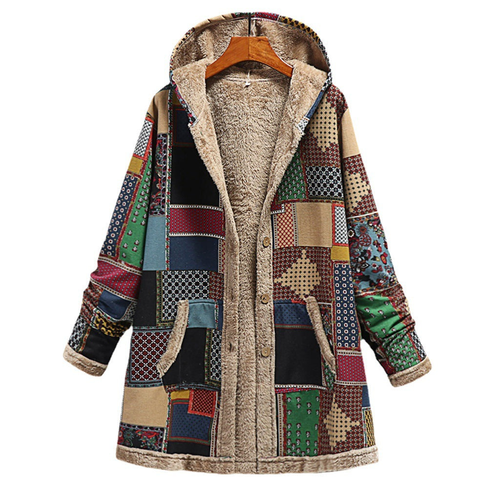 Cotton And Linen Printed Hoodie Warm Plush Coat Alamode
