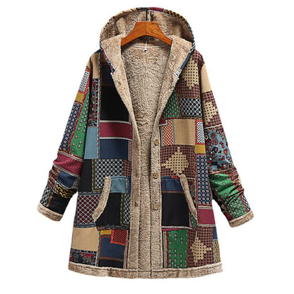 Cotton And Linen Printed Hoodie Warm Plush Coat Alamode