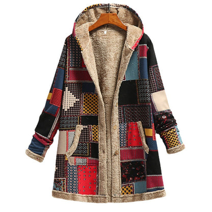 Cotton And Linen Printed Hoodie Warm Plush Coat Alamode