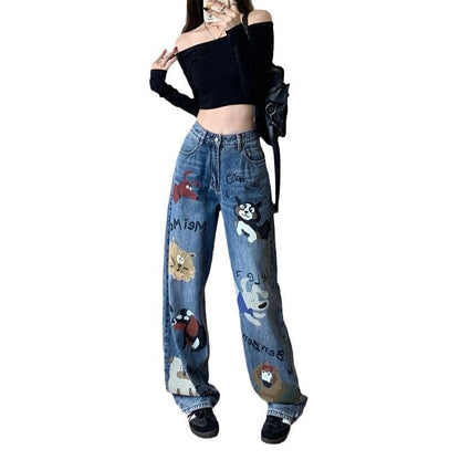 Female American retro high street graffiti jeans Alamode