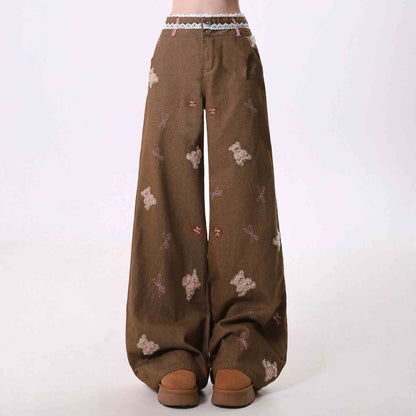 Cartoon Embroidery Straight Leisure Harajuku Lazy Wide-leg Jeans Alamode