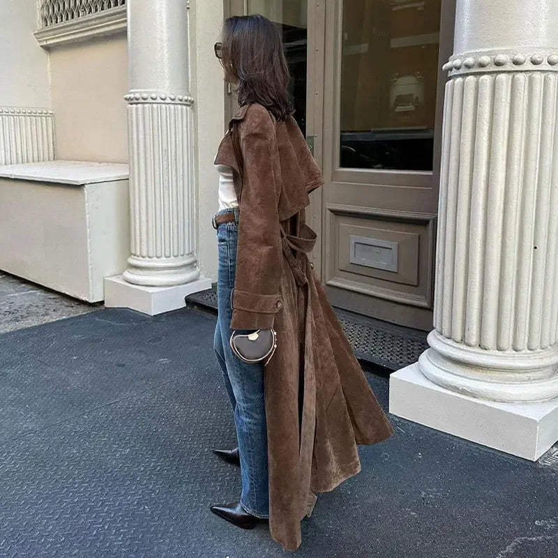 Double Breasted Lapel Shift Coat With Belt Fashion Vintage Suede Long Coat Winter Outwear Women's Clothing Alamode