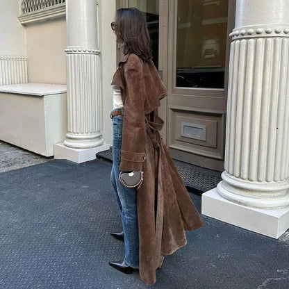 Double Breasted Lapel Shift Coat With Belt Fashion Vintage Suede Long Coat Winter Outwear Women's Clothing Alamode