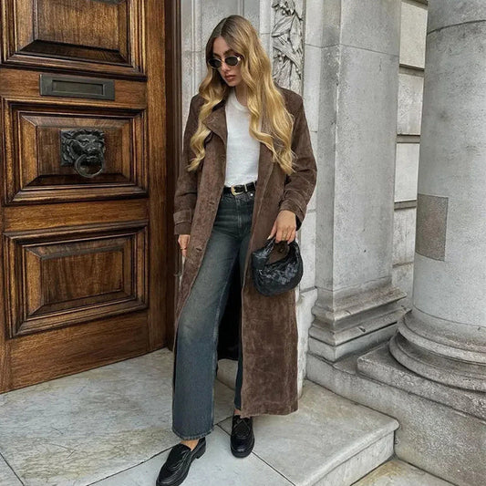 Double Breasted Lapel Shift Coat With Belt Fashion Vintage Suede Long Coat Winter Outwear Women's Clothing Alamode