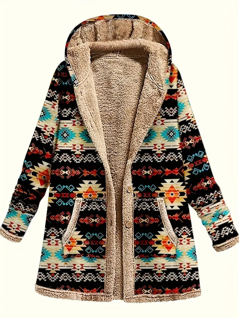 Cotton And Linen Printed Hoodie Warm Plush Coat Alamode