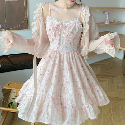 Chiffon Dark Pattern Panel Lace Print High Waist Slip Dress.