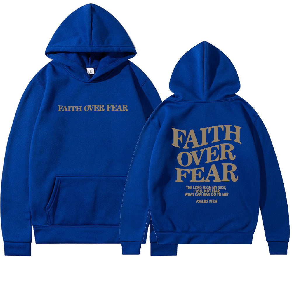 Two blue Faith Over Fear Christian Hoodies with gold text—small chest and bold back print, featuring Psalm 118:6. This trendy unisex hoodie is perfect for expressing your faith and courage in style.