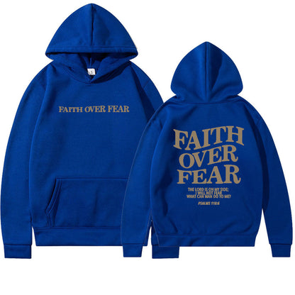 Two blue Faith Over Fear Christian Hoodies with gold text—small chest and bold back print, featuring Psalm 118:6. This trendy unisex hoodie is perfect for expressing your faith and courage in style.