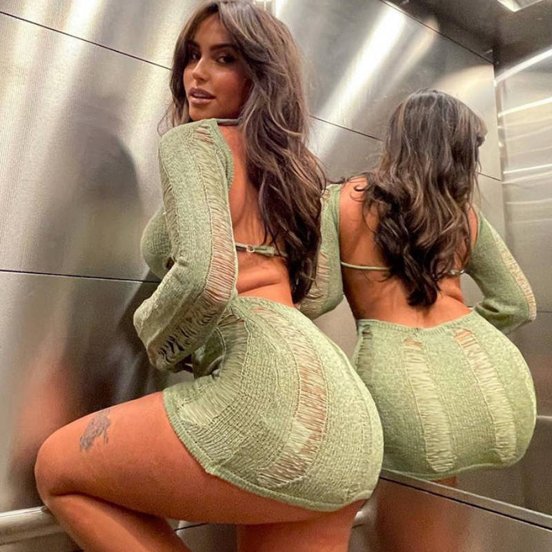 Fashion Slim Fit Hollow Long Sleeve Dress Y2K Sexy Backless Hip-hugging Short Dresses Womens Clothing Alamode