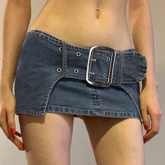 Dark Denim Skirt With Wide Belt Versatile.